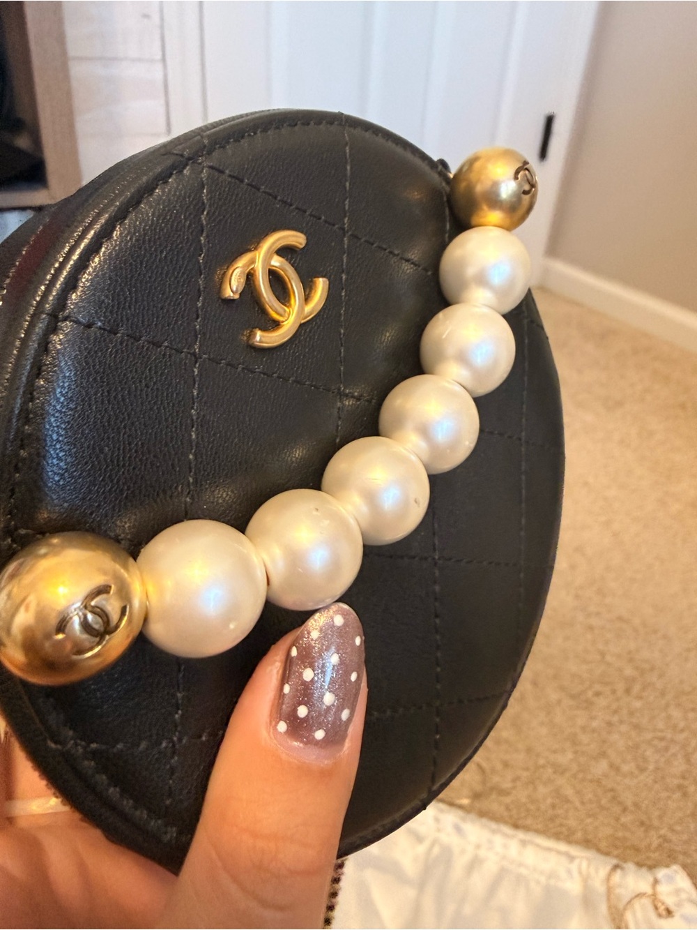 CHANEL Black Quilted Round Mini Crossbody with Pearls & Gold Chain - Picture 8 of 8